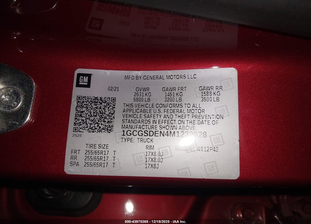 2021 CHEVROLET COLORADO 2WD  SHORT BOX Z71 VIN: 1GCGSDEN4M1232928