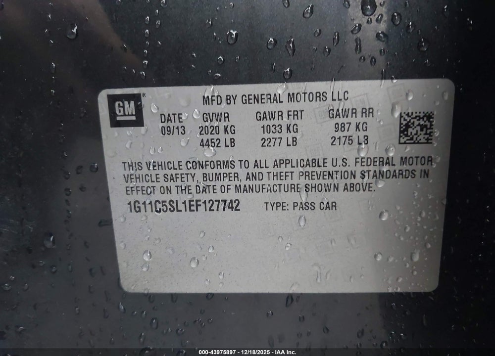 2014 CHEVROLET MALIBU 1LT VIN: 1G11C5SL1EF127742