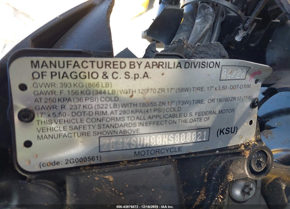 2022 APRILIA TUONO 660 FACTORY VIN: ZD4KSUM00NS000021
