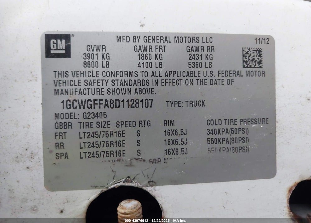 2013 CHEVROLET EXPRESS 2500 WORK VAN VIN: 1GCWGFFA8D1128107