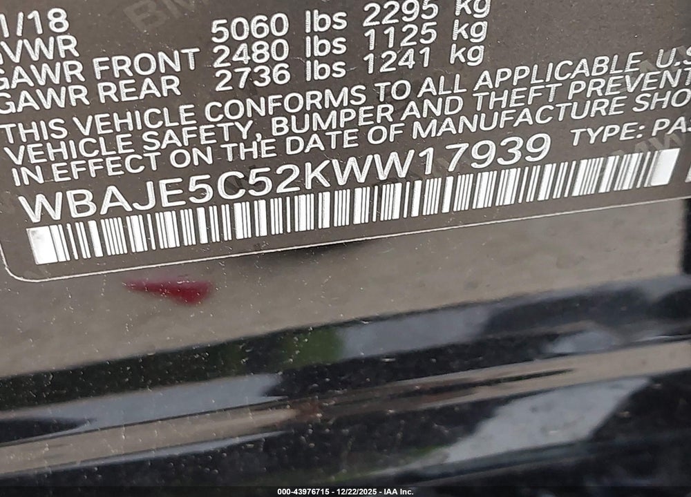 2019 BMW 540I VIN: WBAJE5C52KWW17939