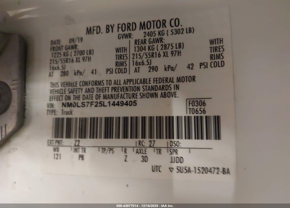 2020 FORD TRANSIT CONNECT XLT VIN: NM0LS7F25L1449405