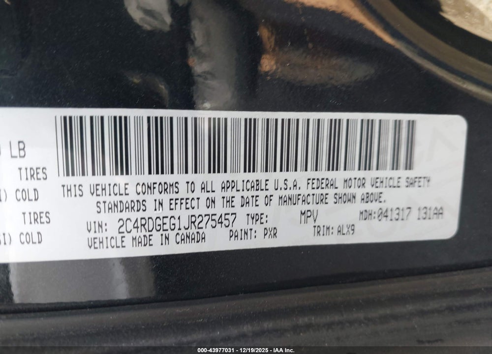 2018 DODGE GRAND CARAVAN GT VIN: 2C4RDGEG1JR275457