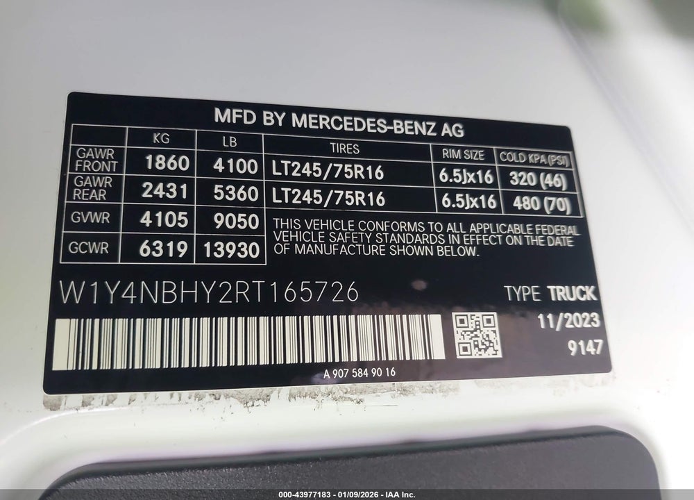 2024 MERCEDES-BENZ SPRINTER 2500 STANDARD ROOF 4-CYL DIESEL HO VIN: W1Y4NBHY2RT165726