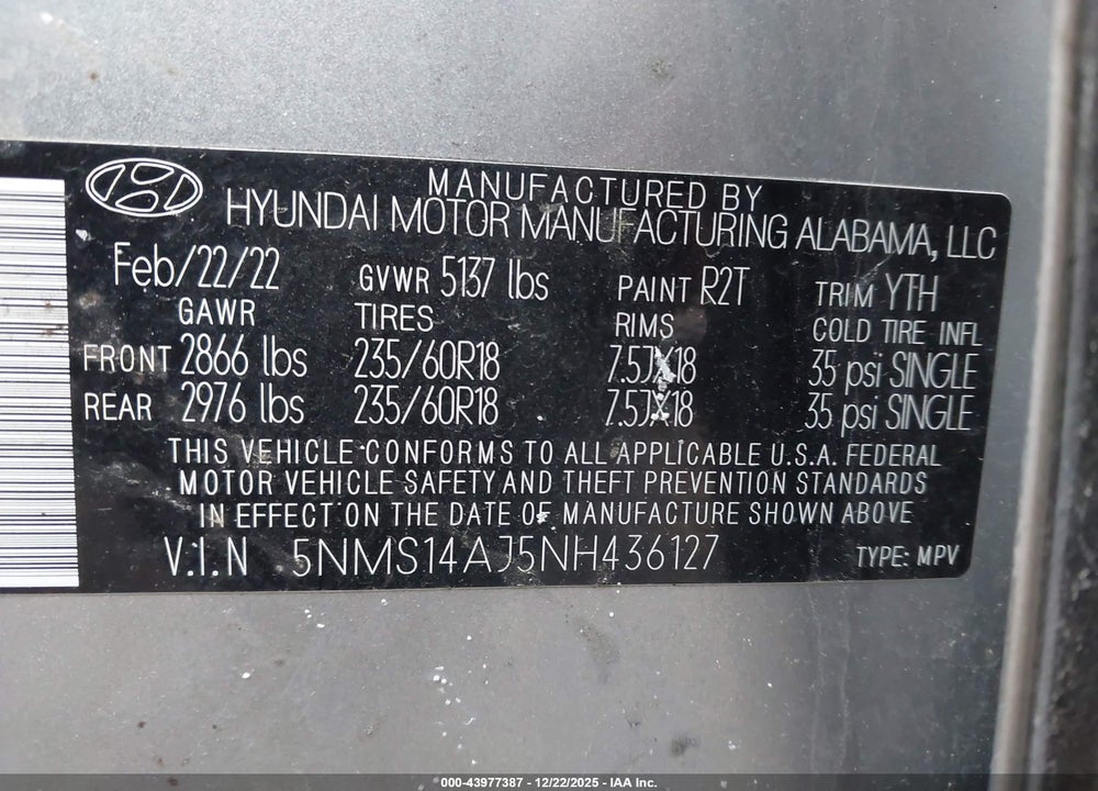 2022 HYUNDAI SANTA FE SE VIN: 5NMS14AJ5NH436127