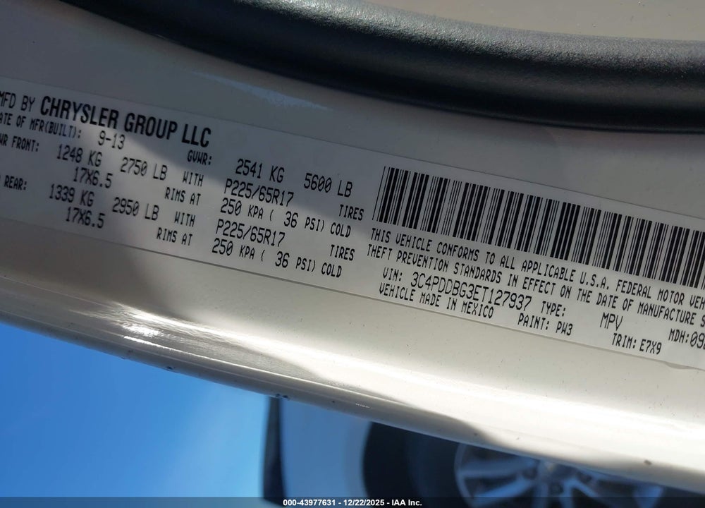 2014 DODGE JOURNEY SXT VIN: 3C4PDDBG3ET127937