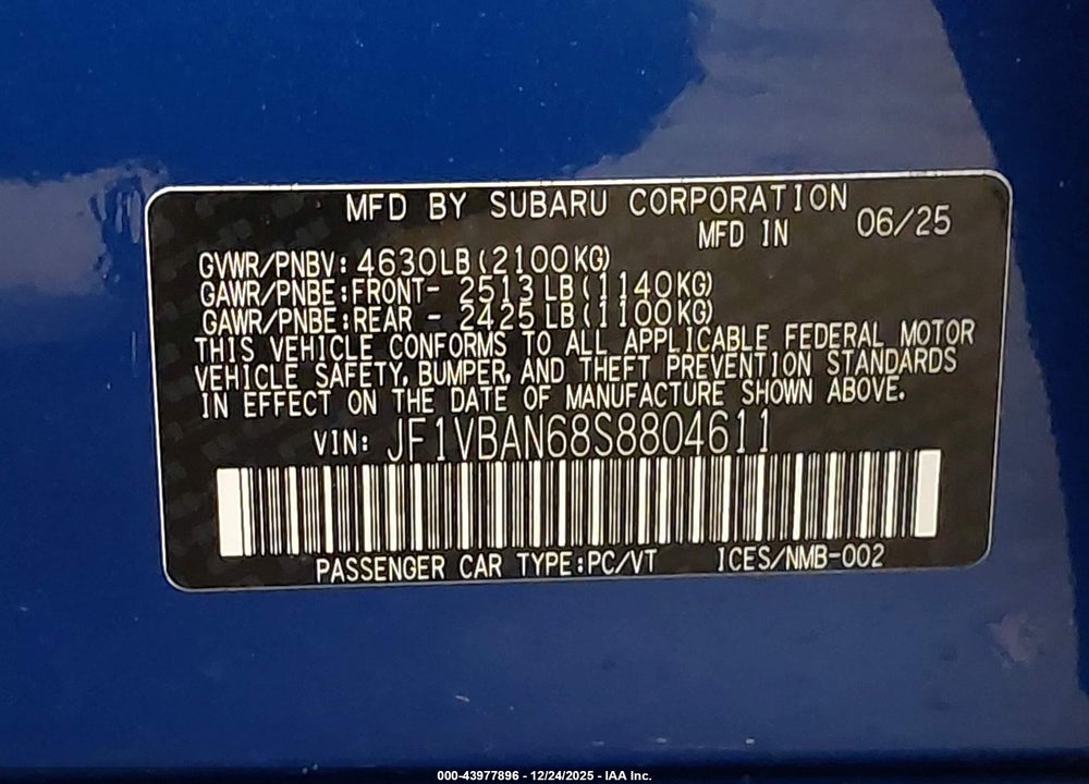 2025 SUBARU WRX LIMITED VIN: JF1VBAN68S8804611