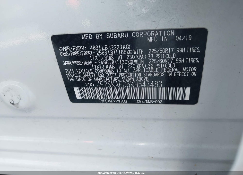 2019 SUBARU FORESTER PREMIUM VIN: JF2SKAEC6KH543483