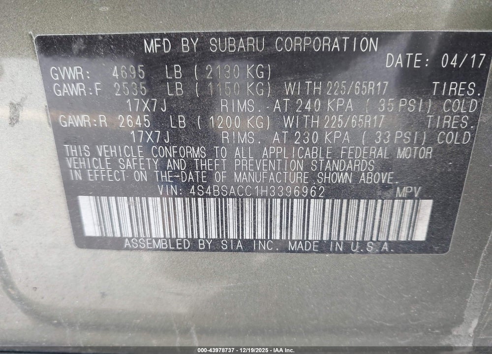 2017 SUBARU OUTBACK 2.5I PREMIUM VIN: 4S4BSACC1H3396962