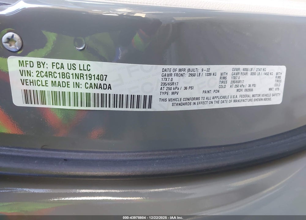 2022 CHRYSLER PACIFICA TOURING L VIN: 2C4RC1BG1NR191407