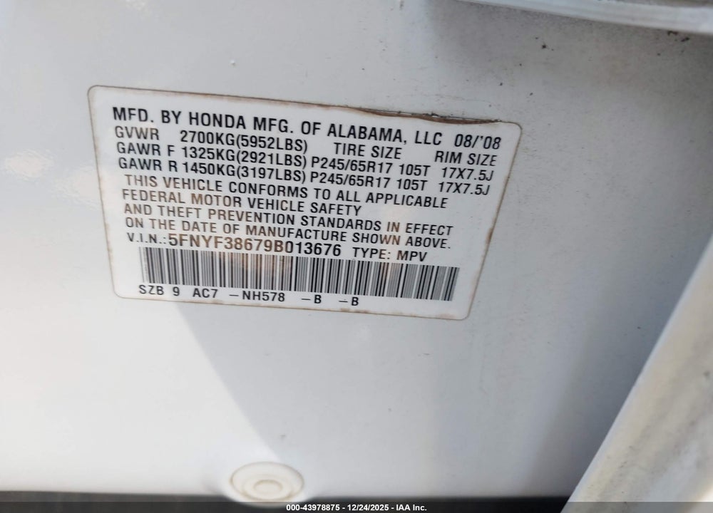 2009 HONDA PILOT EX-L VIN: 5FNYF38679B013676