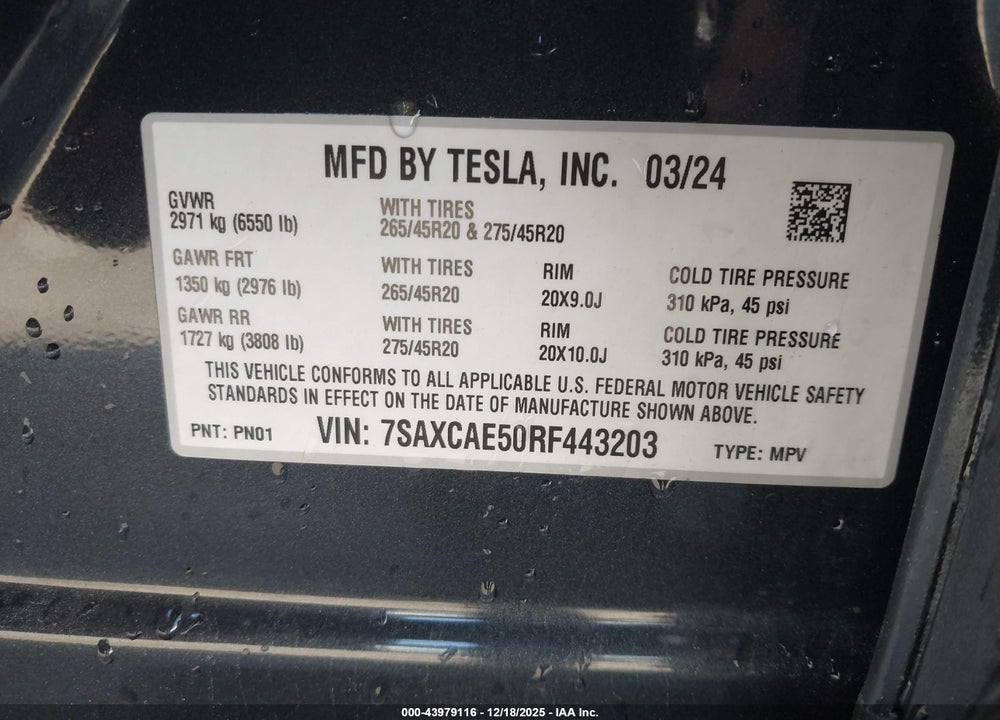 2024 TESLA MODEL X LONG RANGE VIN: 7SAXCAE50RF443203