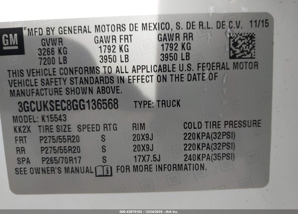 2016 CHEVROLET SILVERADO 1500 1LZ VIN: 3GCUKSEC8GG136568