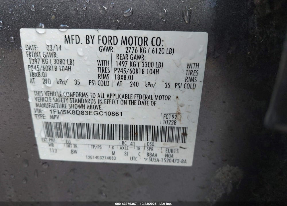 2014 FORD EXPLORER XLT VIN: 1FM5K8D83EGC10861