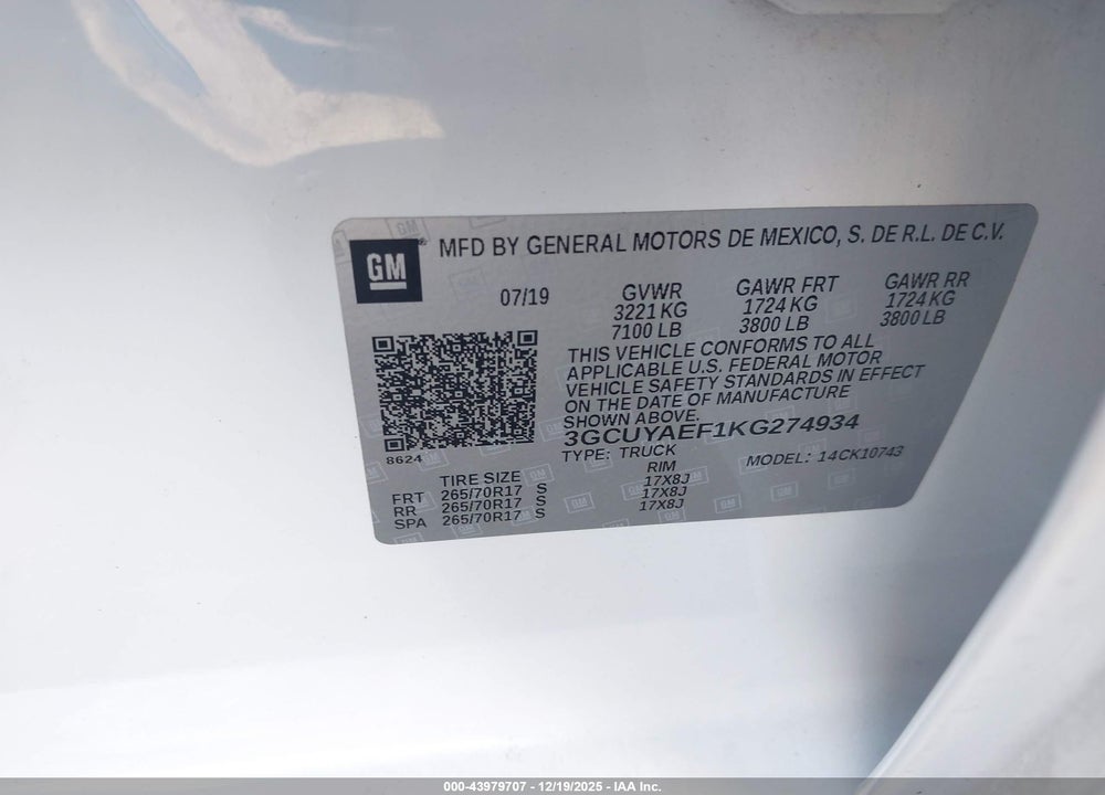 2019 CHEVROLET SILVERADO 1500 WORK TRUCK VIN: 3GCUYAEF1KG274934