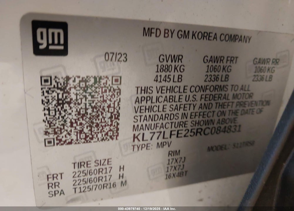 2024 CHEVROLET TRAX FWD SP VIN: KL77LFE25RC084831