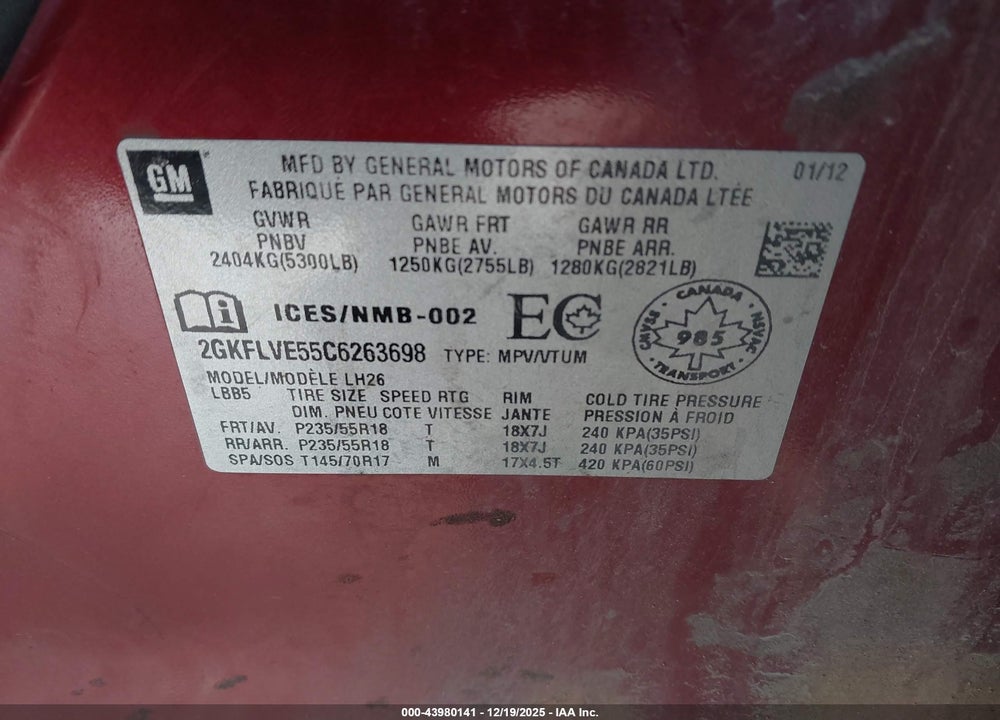 2012 GMC TERRAIN SLT-1 VIN: 2GKFLVE55C6263698