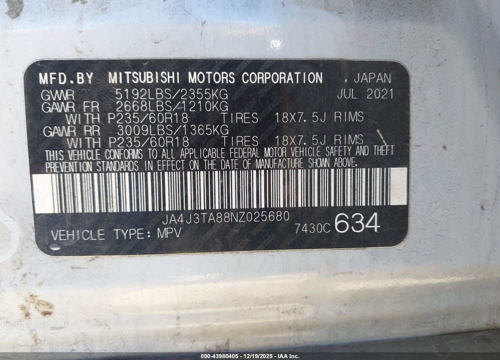 2022 MITSUBISHI OUTLANDER ES 2.5 2WD VIN: JA4J3TA88NZ025680