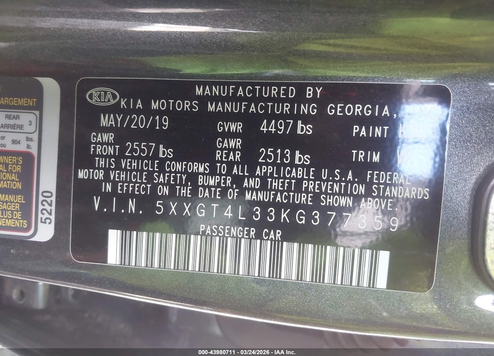 2019 KIA OPTIMA LX VIN: 5XXGT4L33KG377359