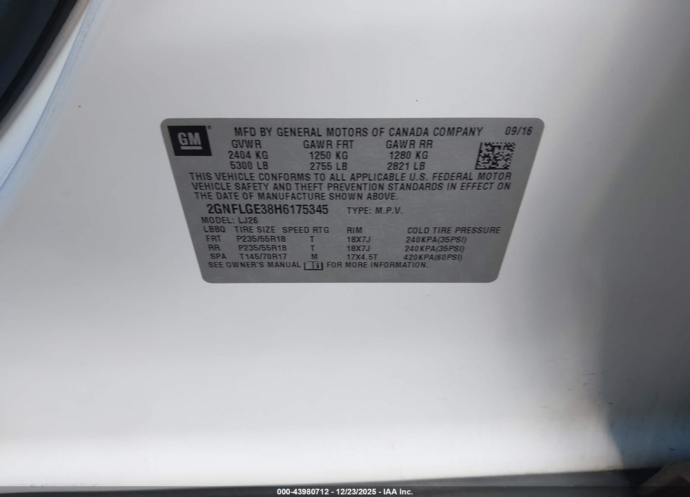 2017 CHEVROLET EQUINOX PREMIER VIN: 2GNFLGE38H6175345