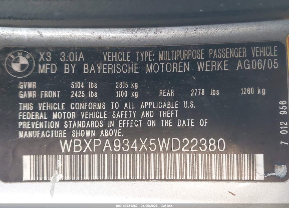 2005 BMW X3 3.0I VIN: WBXPA934X5WD22380