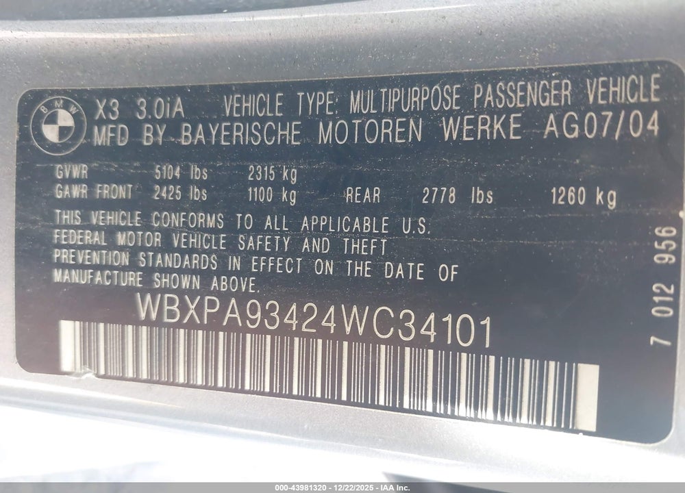 2004 BMW X3 3.0I VIN: WBXPA93424WC34101