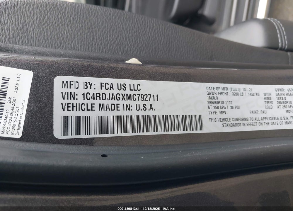 2021 DODGE DURANGO SXT AWD VIN: 1C4RDJAGXMC792711