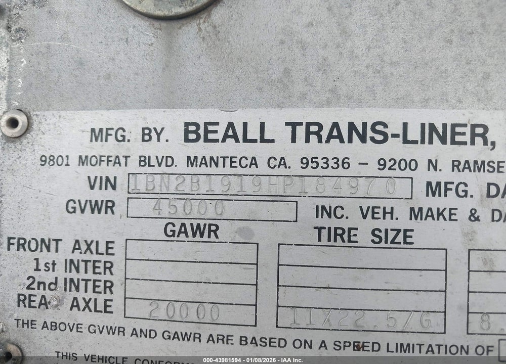 1987 BEALL TRANS-LINER UNKNOWN VIN: 1BN2B1919HP184970