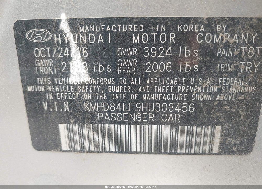 2017 HYUNDAI ELANTRA LIMITED VIN: KMHD84LF9HU303456