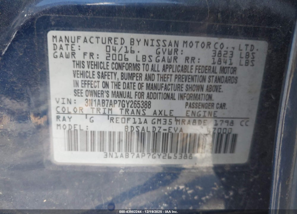 2016 NISSAN SENTRA SV VIN: 3N1AB7AP7GY265388
