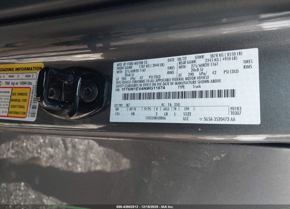 2022 FORD F-150 LIGHTNING LARIAT VIN: 1FT6W1EV4NWG11074