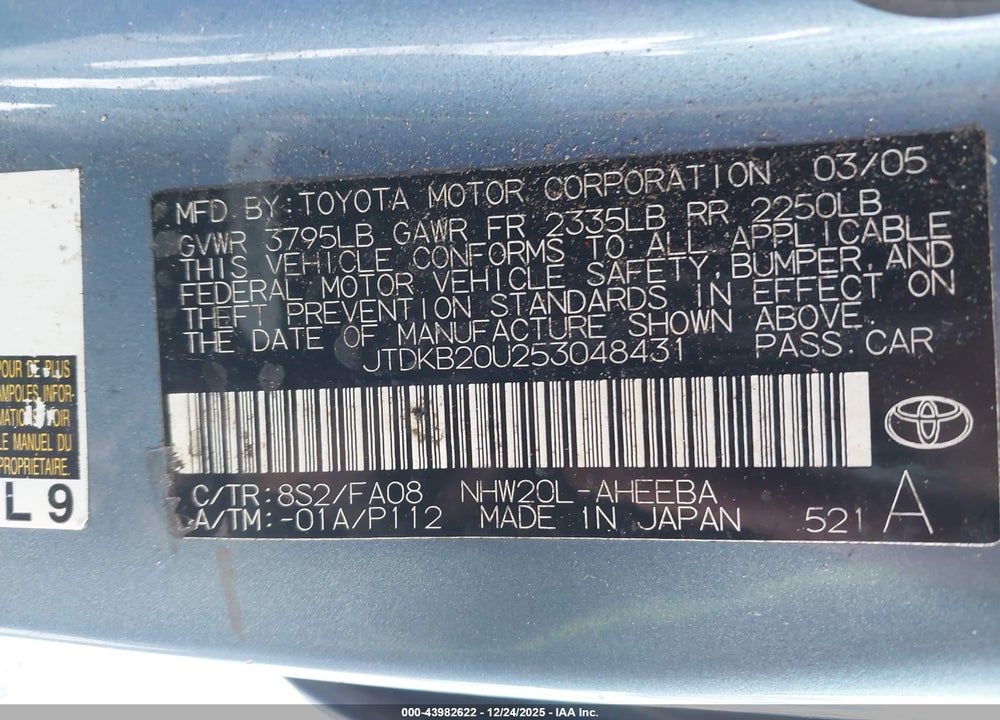 2005 TOYOTA PRIUS VIN: JTDKB20U253048431