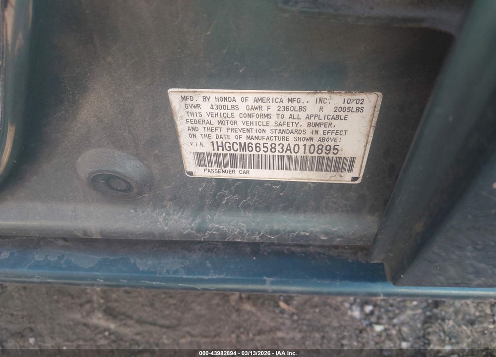 2003 HONDA ACCORD 3.0 EX VIN: 1HGCM66583A010895