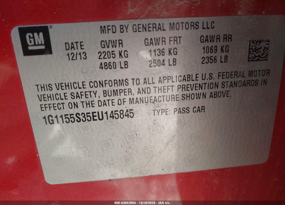 2014 CHEVROLET IMPALA 2LZ VIN: 1G1155S35EU145845