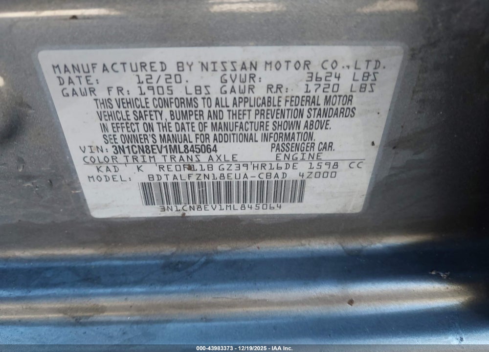2021 NISSAN VERSA SV XTRONIC CVT VIN: 3N1CN8EV1ML845064