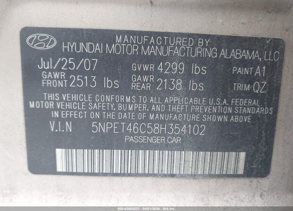 2008 HYUNDAI SONATA GLS VIN: 5NPET46C58H354102