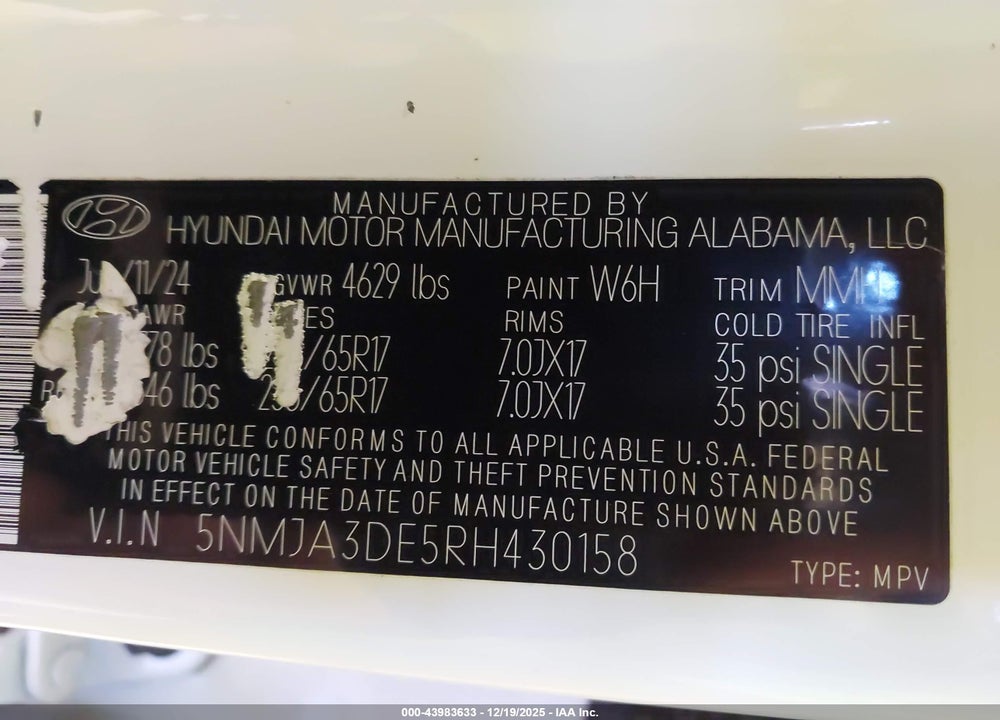2024 HYUNDAI TUCSON SE VIN: 5NMJA3DE5RH430158