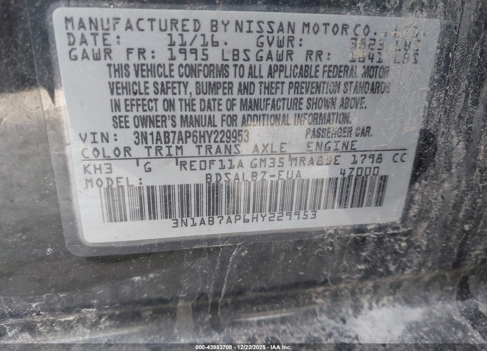 2017 NISSAN SENTRA S VIN: 3N1AB7AP6HY229953