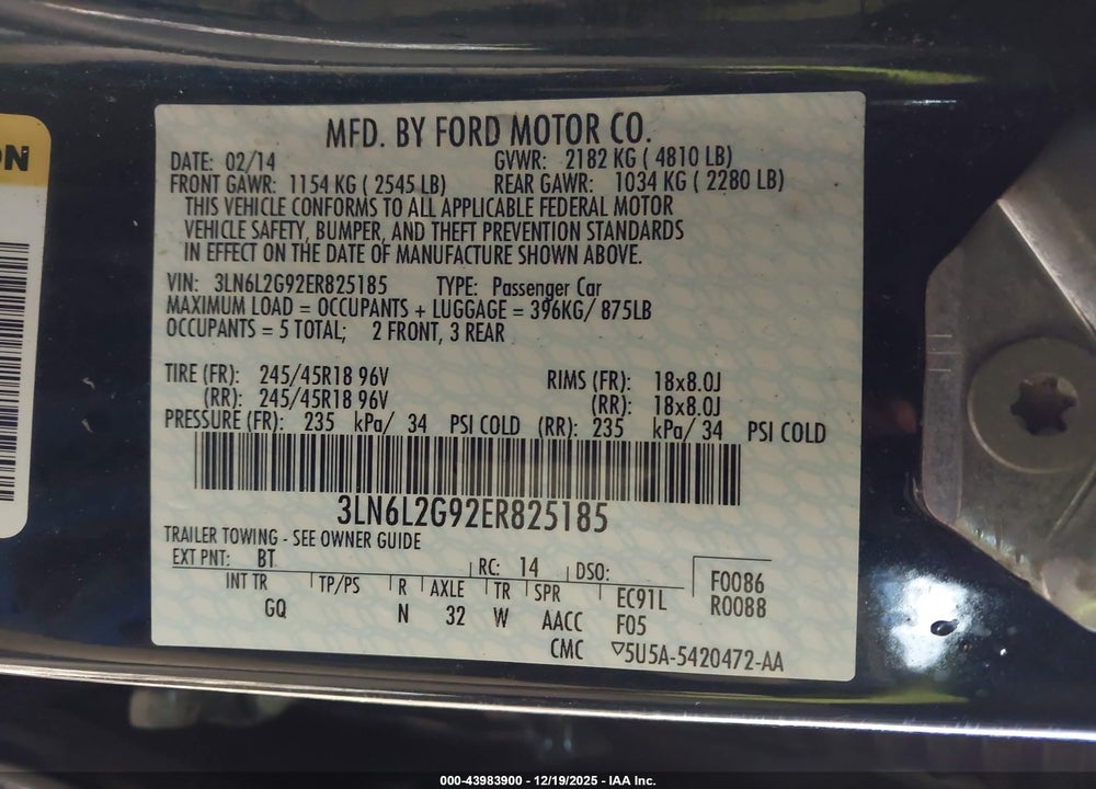 2014 LINCOLN MKZ VIN: 3LN6L2G92ER825185