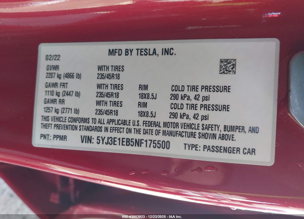 2022 TESLA MODEL 3 LONG RANGE DUAL MOTOR ALL-WHEEL DRIVE VIN: 5YJ3E1EB5NF175500