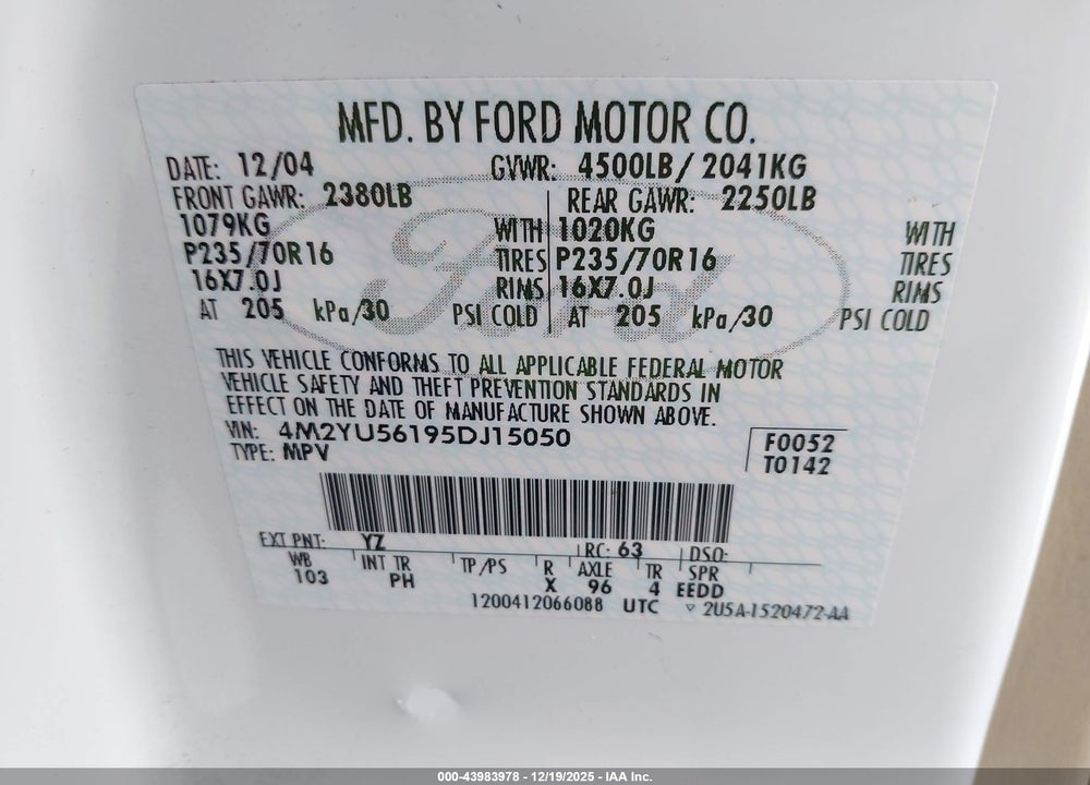 2005 MERCURY MARINER LUXURY/PREMIER VIN: 4M2YU56195DJ15050