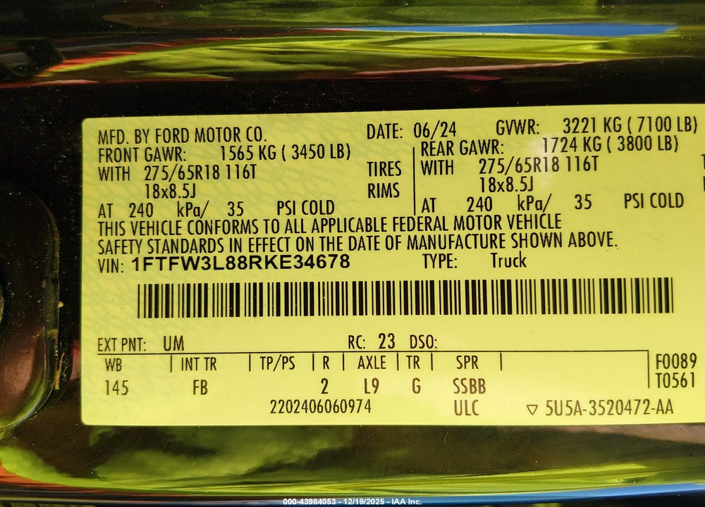 2024 FORD F-150 XLT VIN: 1FTFW3L88RKE34678
