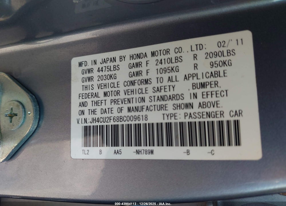 2011 ACURA TSX 2.4 VIN: JH4CU2F68BC009618
