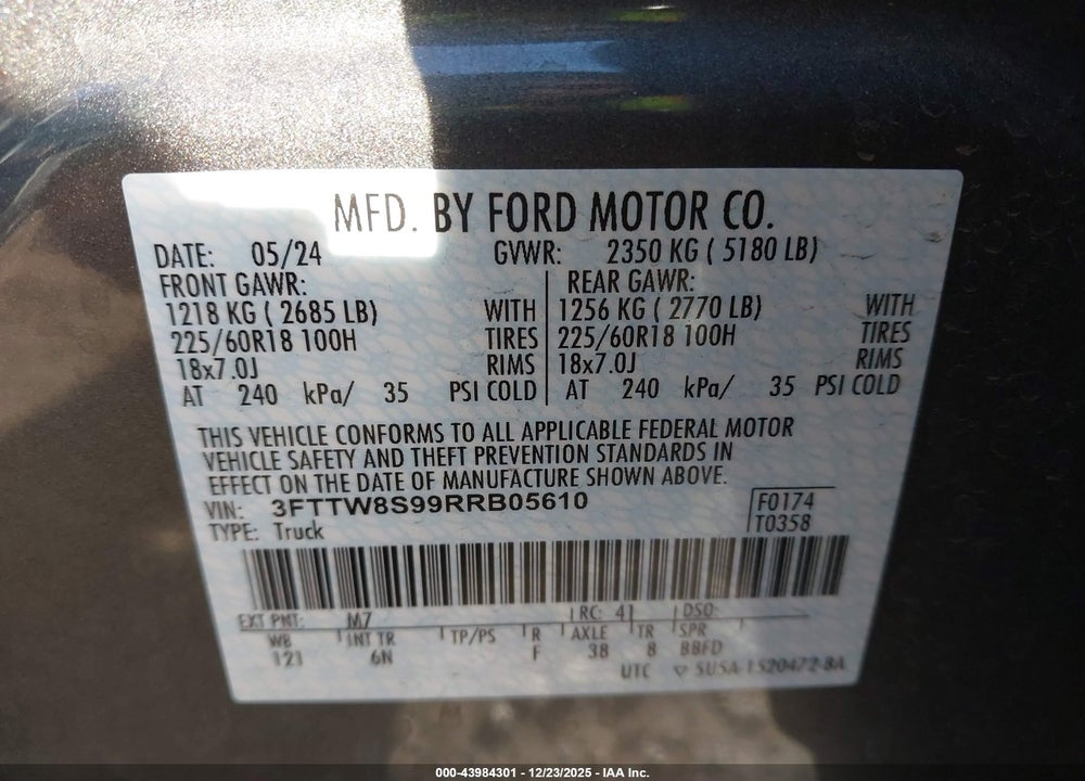 2024 FORD MAVERICK LARIAT VIN: 3FTTW8S99RRB05610