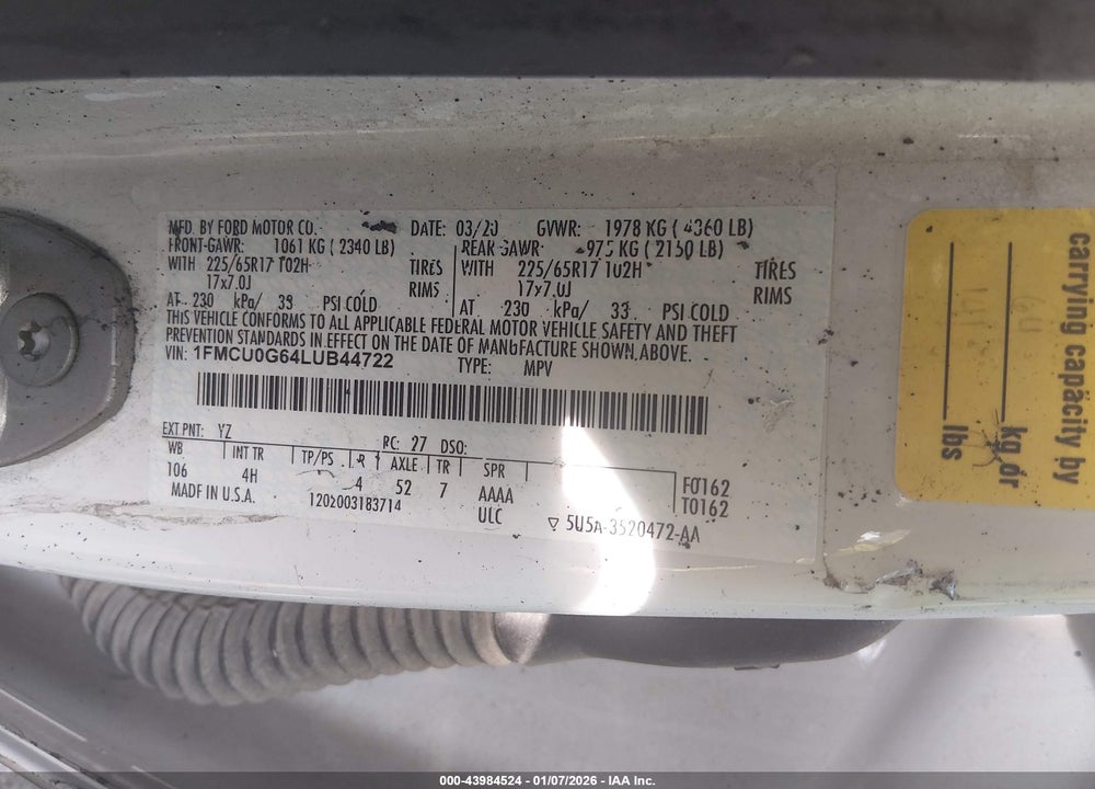 2020 FORD ESCAPE SE VIN: 1FMCU0G64LUB44722