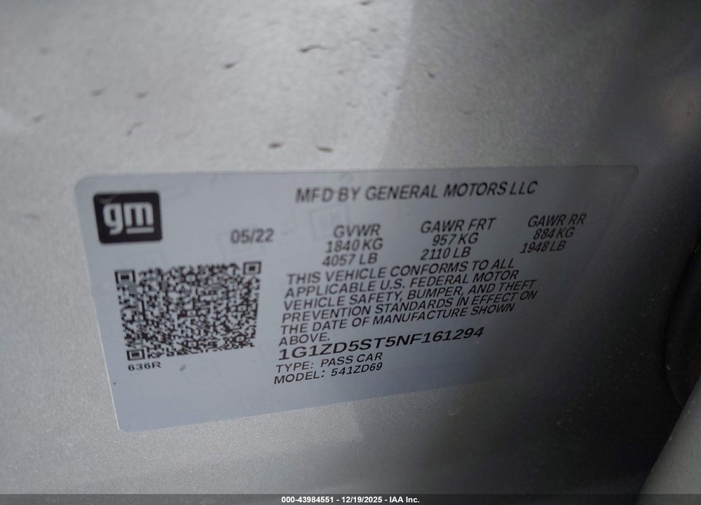2022 CHEVROLET MALIBU FWD LT VIN: 1G1ZD5ST5NF161294