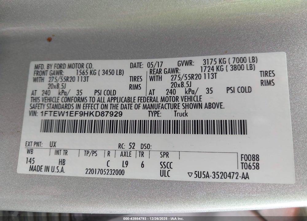 2017 FORD F-150 LARIAT VIN: 1FTEW1EF9HKD87929