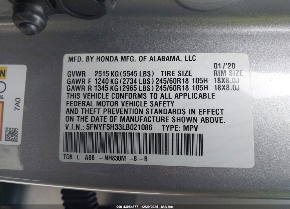 2020 HONDA PILOT 2WD EX VIN: 5FNYF5H33LB021086