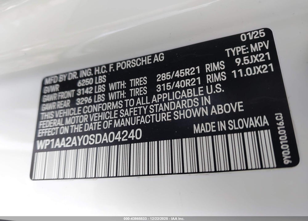 2025 PORSCHE CAYENNE VIN: WP1AA2AY0SDA04240