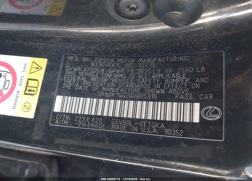 2016 LEXUS ES 350 VIN: 58ABK1GG2GU005316